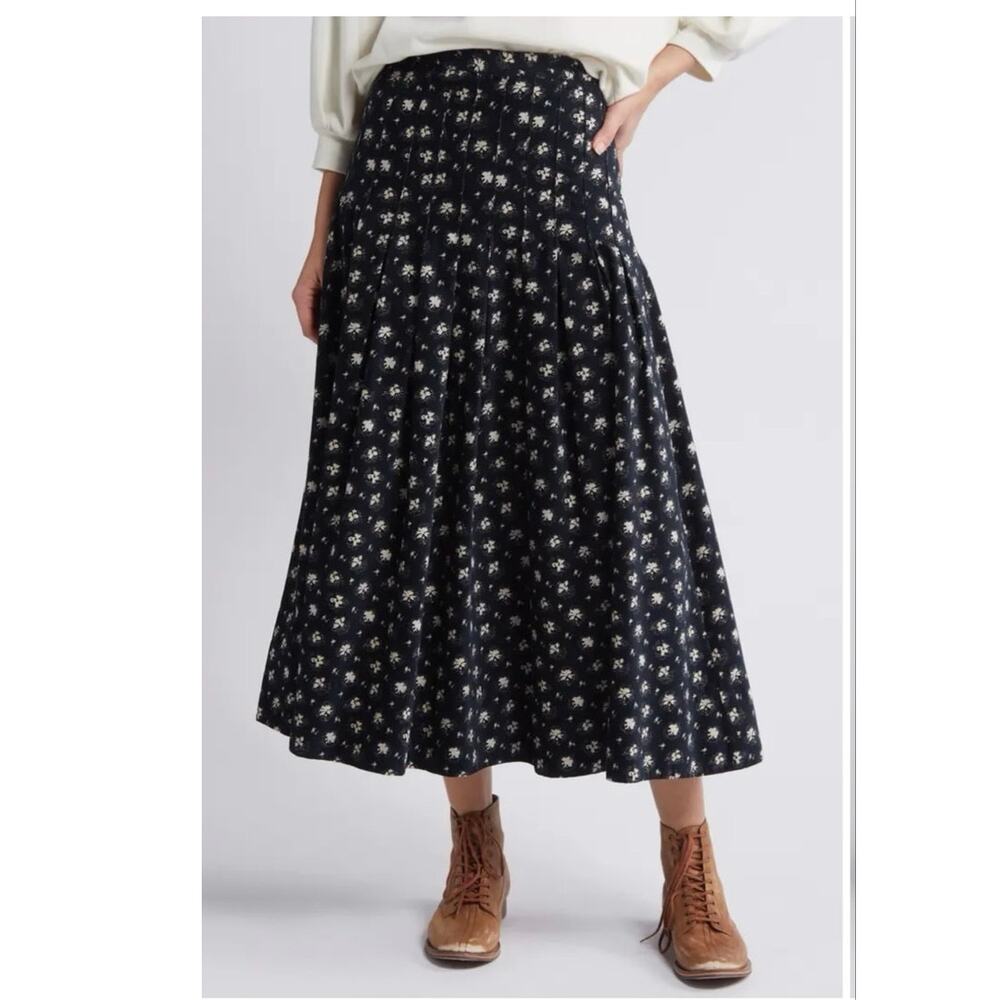 THE GREAT. Rhythm Corduroy Midi Skirt – Black Floral – Size 0 (NWOT)